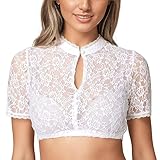 Generisch Spitzenbluse Damen Schwarzes Dirndl Trachtenbluse Schwarz V Ausschnitt Trachtenblusen Kurzarm Oktoberfest Bluse Sexy Flügelärmel Spitze Dirndlbluse Trachten Elegante Weiß XL