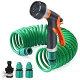 Flexibler Gartenschlauch, 7.5M Spiralschlauch Komplett Set mit 8 Funktions Brause, Handbrause Garten Brausekopf Gartenbewässerung für Autowäsche, Haustierdusche, Gartenarbeit (7.5 M)