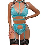 SAUTRV Spitzenstrumpfband, einfarbig, Dessous-Set mit abnehmbarem Choker, Träger-BH und Höschen, ohne Strümpfe, unschuldiges Dessous-Set, blau, 3XL