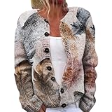 Damen-Strickjacke mit niedlichem Blumendruck, vorne offen, lässig, lockere Passform, langärmelig, 1H, Schwarz, 5XL