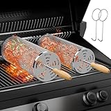 Grillkorb Grillzubehör (2-Stück), 304 Edelstahl, Abnehmbarer Holzgriff, Rotierender Grill Korb Rund für Gemüse Meeresfrüchte Fleisch Camping Grillen, Geschenke für Grillliebhaber Männer Ehemann
