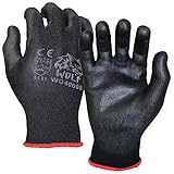 WOLF Ultradünne Arbeitshandschuhe aus Polyurethan-Handflächenbeschichtetem Nylon, für drinnen und draußen, Bau, Wartung, Gartenarbeit, Mechaniker, Lager, Mehrzweck, flexibler Griff, Schwarz (12, L)