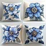 4er Set Kissenbezug 30x30cm Blaue Blume Bezug Couchkissen Modern Sofakissen Dekorative Kissenhüllen Weich Zierkissen Art Deko Kissen für Schlafzimmer Wohnzimmer Sofa Couch Auto, Weihnachten J4925