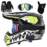 Motocross Bluetooth Fullface MTB Helm Kinder, Herren ATV Motorradhelm MX Enduro, Motorrad Downhill Helm, Mit Handschuhe Maske Brille, DOT-geprüft(Black Teeth,S(52-53cm))