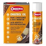OWATROL – OIL – Set – Farbloser Rostschutzlack (1 Liter) und -spray (300ml) – farblos – dringt ein und stoppt Rost, Schutz für Oberflächen aus Metall Kunststoff Glas Holz