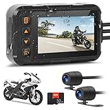 CAMECHO Motorradkamera vorne und hinten, IP67 wasserdichte Motorradkamera, Doppelobjektiv, Motorrad-Dashcam mit 32 GB TF-Karte, 3 Zoll HD-Display, Nachtsicht, G-Sensor, Loop-Aufnahme, DVR-Dashcam