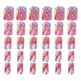 DECORNIJIA 24 Stück Teiliges Kurze Quadratische Full Cover Fake Nails mit Violettem Farbverlauf und Silbernem Linien Design Selbstklebende Künstliche Nägel für Frauen und Mädchen Langlebig