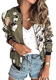 ECOWISH Damen Casual Jacke Blumenmuster Langarm Bomberjacke Reißverschluss Stehkragen Outwear Kurz Coat Herbst Frühling 333Armeegrün Large