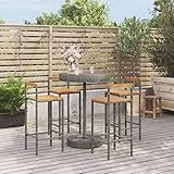 AJJHUUKI 5-teiliges Gartenbar-Set, graues Poly-Rattan und Massivholz, Akazien-Möbel, Outdoor-Möbel, Gartenmöbel-Sets
