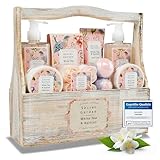 Accentra – Duschset Frauen Geschenkset im Holzkorb – 8-teiliges Pflegeset mit Duschgel, Bodylotion, Badezusätzen, Peeling & Handcreme – Wellness Geschenk Set zum Geburtstag, Valentinstag & Weihnachten