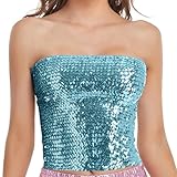 Fashion Mardi Holiday Damen-Oberteil mit funkelnden Pailletten, Stretch, Clubwear, Satin-Oberteil für Damen, himmelblau, Einheitsgröße