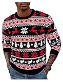 Demegimi Herren Pullover Norweger Rundhals Winterpullover Warm Langarm Strickpullover Rundhals Christmas Jumper mit Rentier & Schneeflocken(Schwarz,XL)