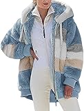 Fleecejacke Hoodie Damen Kapuzenpullover Teddy-Fleece Warm Herbst Wintermantel Stilvoller ReißVerschluss Fellmantel PlüSchjacke Mit Taschen (Blau, L)