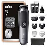 Braun All-in-One Series 7, 12-in-1 Multigroom, Barttrimmer, Nasenhaartrimmer, Haarschneidemaschine für Gesicht, Kopf und Körper, 120 Min Akku, 14 Längen (3–21 mm), Wasserdicht, AIO7545, Grau