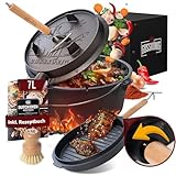 GUSSKÖNIG Dutch Oven Set - Eingebrannter Dutch Oven 7 Liter - Feuertopf Gusseisen mit Füßen - Schmortopf Doppelfunktion - inkl. 2in1 Deckelheber, Bürste & Dutch Oven Rezeptbuch [für3-5 Personen]
