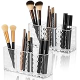 Zyluniy Kosmetik Organizer, 2-Pack Acrylic Pinselhalter, 3 Fächern Kristall Makeup Pinsel Halter, Klarer Schminktisch Organizer, für Pinsel, Eyeliners, Lippenstift, Schminktisch Aufbewahrung