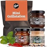 Gepp’s Feinkost Wundertüte Mini Grillstation I Grill-Geschenke für Männer mit BBQ Grillsauce, Whsikey Pfeffer Sauce & Knoblauch Chili Sauce I Grillgewürze Geschenkset mit Anhänger