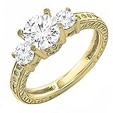 Dazzlingrock Collection 14 Karat Gold Rundschliff Moissanit & weißer Diamant Damen 3 Steine Braut Verlobungsring Gelbgold Moissanit, Gelbgold, Moissanit