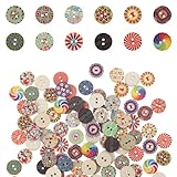 100 Stück Retro Knöpfe, Bunte Holzknöpf Bunte mit 2 Löchern, Holzknöpfe zum Basteln, Retro Runde Knöpfe Gemischte Blumenknöpfe zum Nähen, DIY Basteln, Handwerk Deko, Scrapbooking (15 mm)