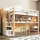 Merax Etagenbett 90x200cm mit großen Schreibtisch und Regale, Kinderbett mit Sicherheitsleiter, Hochbett mit Stauraum für Jungen, Mädchen, Natürlich und Weiß (Ohne Matratze)