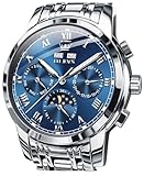 OLEVS Blaue automatische Herrenuhren, goldene selbstaufziehende mechanische Business Luxus-Armbanduhr aus Edelstahl mit Mondphase, wasserdicht, Leuchtend, mit Kalender für Männer