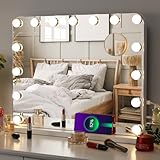 MAMIZO Hollywood Spiegel 58x46cm,Schminkspiegel mit Beleuchtung,15LED,3 Lichtfarben, Enstellbare Helligkeit, mit USB und 10x Lupe,Spiegel mit Licht,Wandspiegel,Tischspiegel