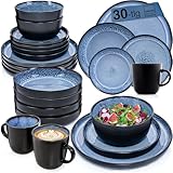 SÄNGER Aruba | Kombiservice 6 Personen, Teller Set Kaffeebecher Pastaschale 30 tlg, Steingut Geschirr Set spülmaschinen- mikrowellen- kratzfest, Geschirrset blau mit schwarzem Rand | VALUE COLLECTION