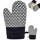 Topfhandschuhe Hitzebeständig, 2 Stück Ofenhandschuhe, Kochhandschuhe, Küchenhandschuhe, Geometrische Silikonhandschuhe, Geeignet zum Suppenkochen, für den Ofen und zum Grillen, Schwarz