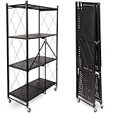 deluxe4home® Klappbares Regal mit Rollen Schwarz I 4 Fächer/Böden Rollbares Faltregal als Kellerregal Abstellraum I Rollregal Ordnungssystem einfach verstaubar