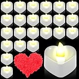 GOMETY 24 Stück Herz Form LED Teelichter, 1000 Stück Künstliche Gefälschte Rosenblätter und 24 Herzförmige Flammenlose LED Teelicht für Hochzeiten Valentinstag, Heiratsantrag Deko (warmweiß)