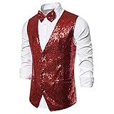 Glitzer Anzugweste für Herren 70er jahre Ärmellose Weste Festliche Pailletten Gilet Rave Disco Vest mit Fliege V Ausschnitt Glänzende Trachtenweste Freizeit Show Kostüm Clubwear Faschingskostüme