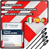 ATHELON® 3in1 Warntafel für Italien, Spanien & Portugal - Reflektierendes Warnschild inklusive 4X Spanngurte - Hochwertige Warntafel Italien für Fahrradträger (Warntafel + Gummi)