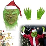 Grin Kostüm Maske mit Weihnachtsmütze und Handschuhen, Grün Gruselige Monster Kopfmaske mit Grünem Pelzigem, Lustiges Christmas Pelziges Kostüm Requisiten für Halloween und Weihnachten Cosplay (A)