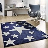 VIMODA Teppich Kurzflor Sterne Himmel Modern Blau Weiß Jugendzimmer für kinderzimmer, Wohnzimmer, Maße:120x170 cm