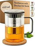 Cosumy Teetasse mit Deckel und Sieb 450ml - Hitzebeständiges Teeglas mit Farbgriffen aus Borosilikat Glas - Mit Korkuntersetzer & Edelstahlfilter (Schwarz)