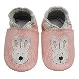 Bemesu Baby Krabbelschuhe Lauflernschuhe Lederpuschen Kinder Hausschuhe aus weichem Leder für Mädchen und Jungen Pink Hase (M, EU 20-21)