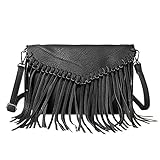 Milya Damen Fransen Umhängetasche PU-Leder Schultertasche Fransentasche, Schwarz
