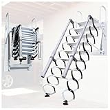 Dachbodentreppe, 11 Stufen Extra-Breite Stahl wandmontierte Versenkbare Treppe, Dachbodenleiter Ausziehbar, Dachtreppe, mit 2 Handläufen, Tragkraft 300 kg, rutschfesten Stufen