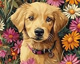 AMBATTERY DIY Knüpfteppich Set Vorgedruckt Fantasie-Hundetiere Und Blumen Handarbeit Set Knüpfen Teppich Knüpfen Kreuzstich Kits Für Erwachsene Oder Anfänger Knüpfteppich Kit Groß 23x35in