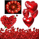 Valentinstag Deko Set XXL Dekoration Romantische Kerzen Rote Teelichter und Rosenblätter Romantisch, 50 Teelichter Herzform, 1000 Seide Rosenblüten, 5 Rote Herzförmige Folienballons