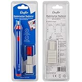 Läufer 69607 Elektrischer Radiergummi, batteriebetriebener Radierstift, wechselbare Aufsätze mit 2 Größen, inkl. 23 Radierer