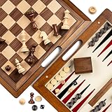 Lingle 39,5 cm Deluxe Massivholz 3-in-1 Spieleset: Tragbares Schach, Backgammon und Dame mit hohlem Griffkasten, faltbarem Brett für Reisen, geeignet für Erwachsene