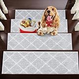 BEQHAUSE Stufenmatten Innen, Stufenmatten Selbstklebend 4 Stück, 22x70cm Treppenstufen Antirutsch, Wiederverwendbar Teppich für Treppenstufen, 100% Polyester TPE -Rücken, Grau