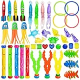 YORFULL Tauchspielzeug für Kinder, 42 Stück Tauch Spielzeug Kinder, Unterwasser Pool Spielzeug mit Tauchringe, Torpedos, Algenspielzeug für 5-12 Jahre, Tauchspielzeug Set mit Aufbewahrungsbeutel