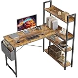CubiCubi Schreibtisch mit Regal,Eckschreibtisch für Heimbüro,Kleiner L-förmiger Computertisch mit Ablagefächern,Bürotisch mit Aufbewahrungstasche, 120cm Braun.