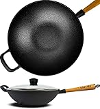 Oakfire Wokpfanne Gusseisen Induktion 31cm Groß Grill Wok Pfanne Holzgriff Cast Iron mit Non-Stick Patina Glass Deckel