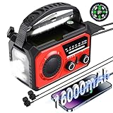 BIAOQINBO 16000mAh Solar Radio,AM/FM Kurbelradio Tragbar USB Notfallradio mit 59200mWh Wiederaufladbare Batterie, Led Taschenlampe, SOS Alarm und Handkurbel Dynamo für Camping, Reisen (Rot)