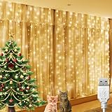 BG9D Lichtervorhang Innen,Lichtervorhang 1.2x1.2M Lichterkette Vorhang 120LED mit 12 Haken für Hochzeit,Weihnachten Party,Weihnachten,Terrasse,Innen und außen Deko