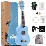 Winzz Sopran Ukulele Starter Kit für Anfänger, mit Tasche, Clip-On Tuner, zusätzlichen Saiten, Gurt, Plektron, Griffbrettaufkleber, Akkord-Karte, Poliertuch, Blau