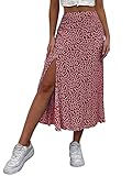 GORGLITTER Damen Sommer Lang Rock Mit Blümchen Und Schlitz - A-Linien Blumenrock Geblümt Mit Hoher Taille, Rot M